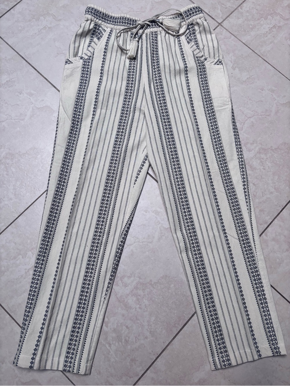 Anthropologie Cream Pants with Black Stripes and Drawstring